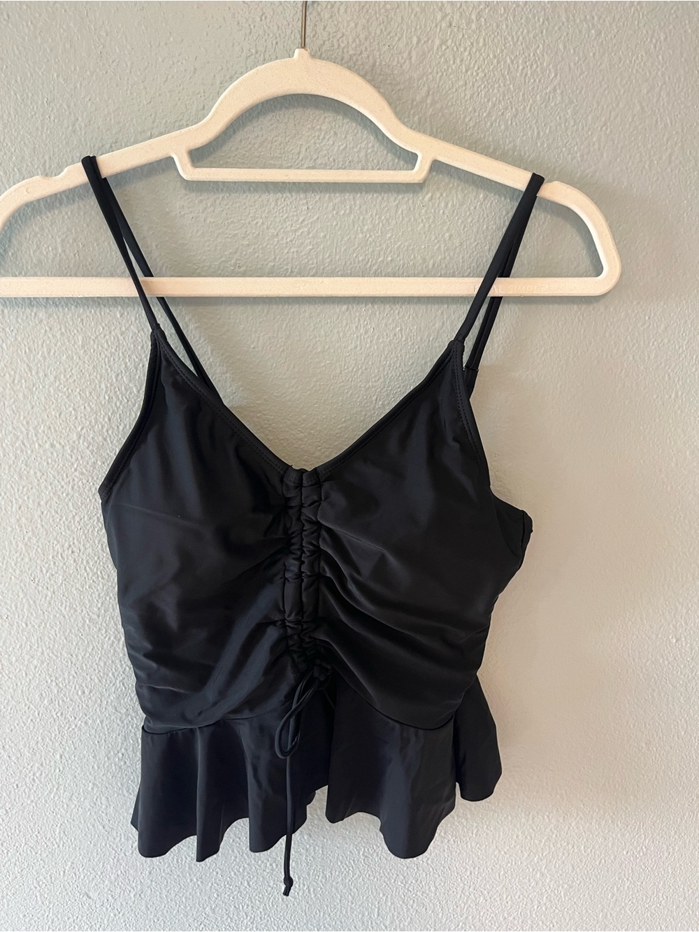 Black Ruched Peplum Swim Camisole with Adjustable Front Tie